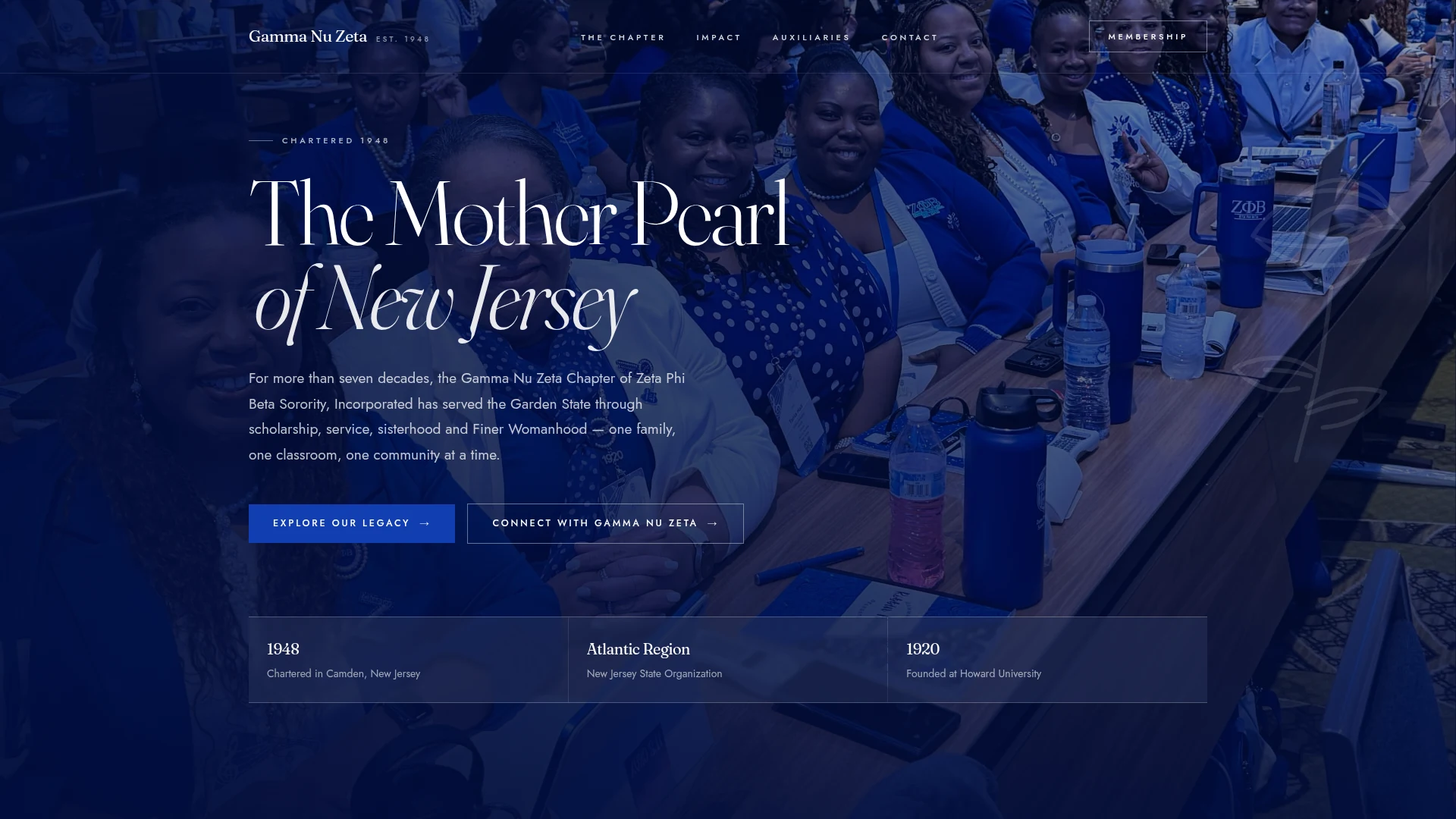Gamma Nu Zeta chapter homepage with the headline The Mother Pearl of New Jersey.