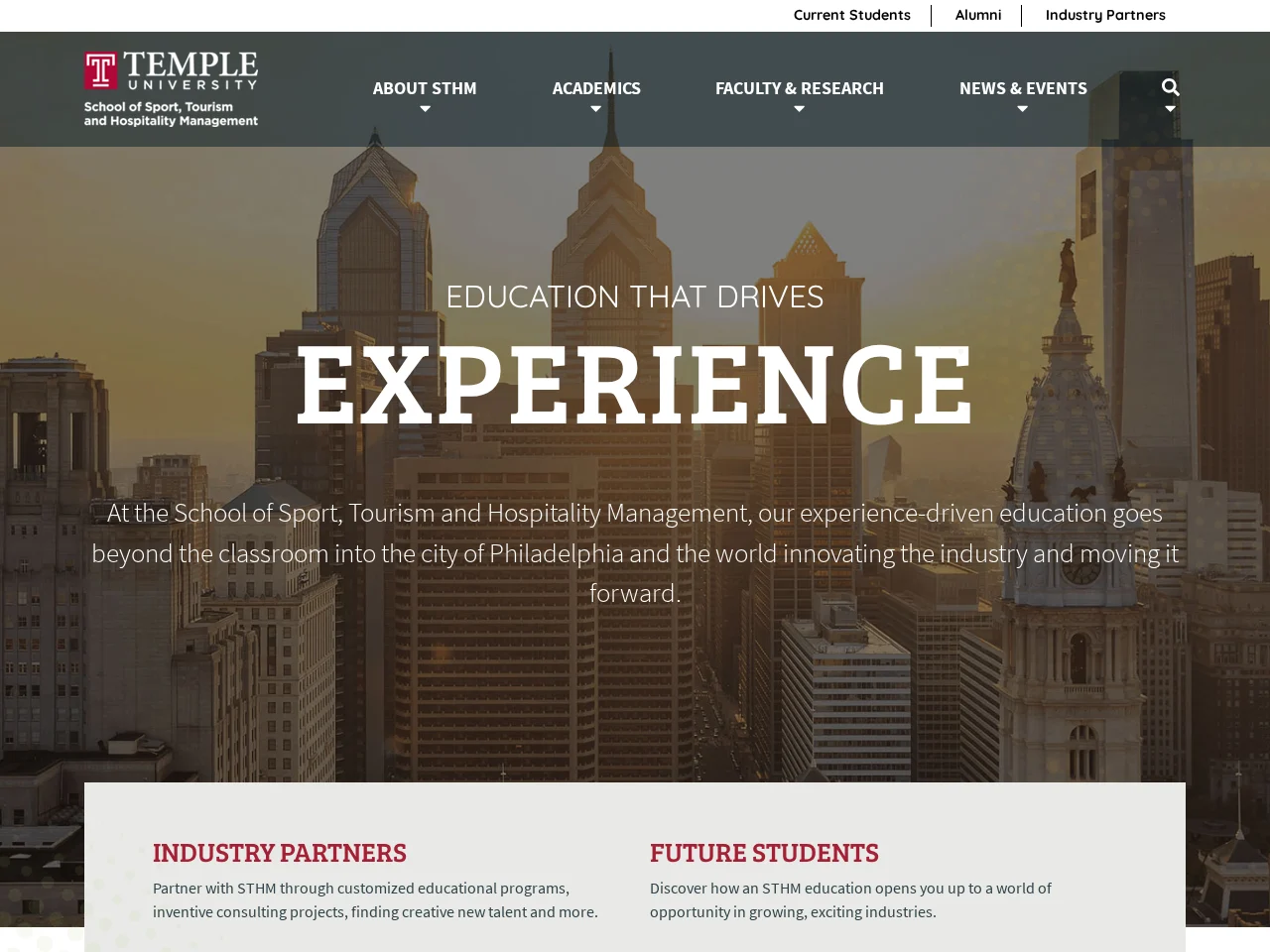 Temple University School of Sport, Tourism and Hospitality Management website homepage, 2019.