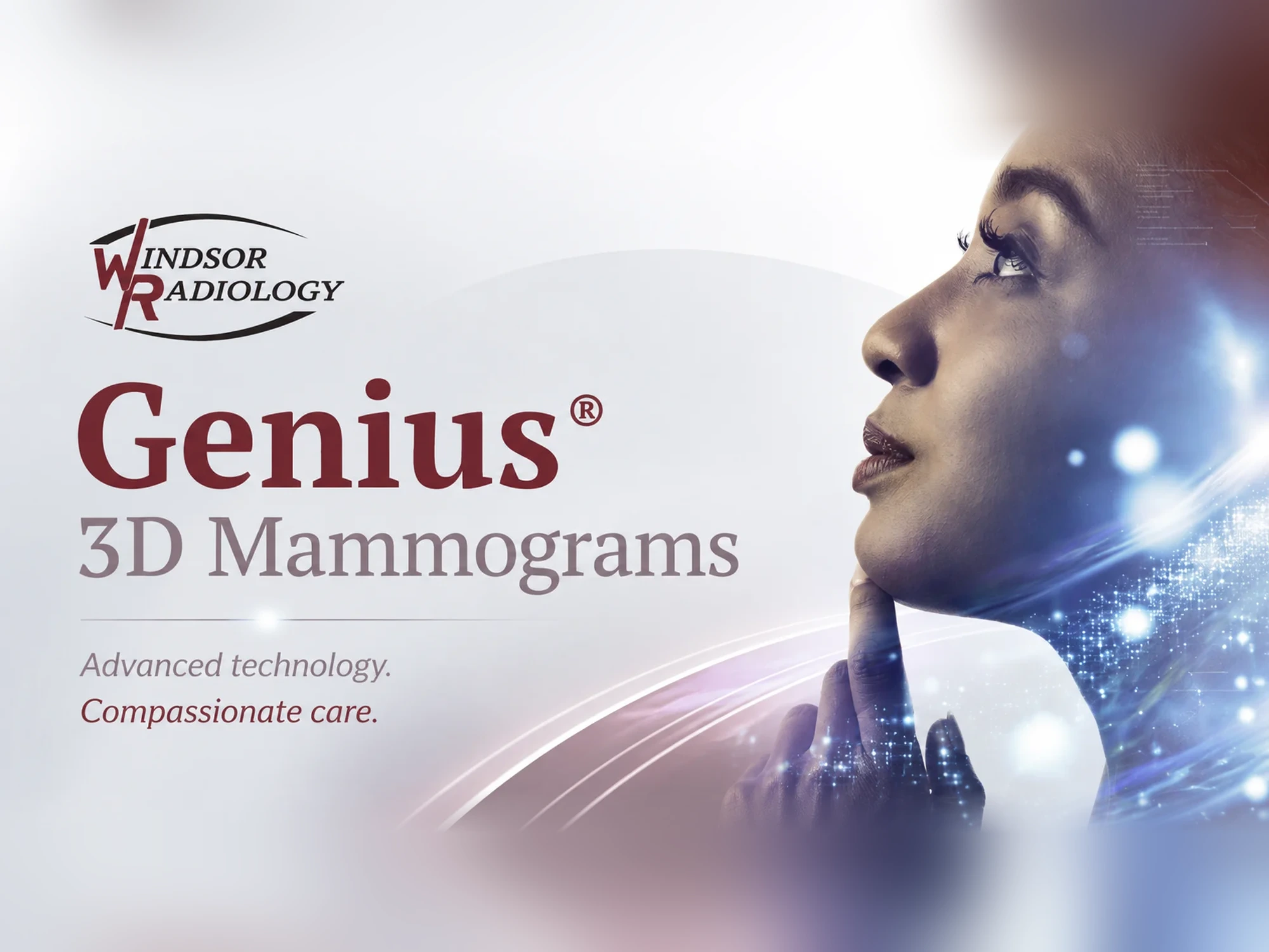Windsor Radiology promotional banner for Genius 3D Mammograms — the practice logo, Advanced technology / Compassionate care tagline, and a patient profile with imaging light effects.
